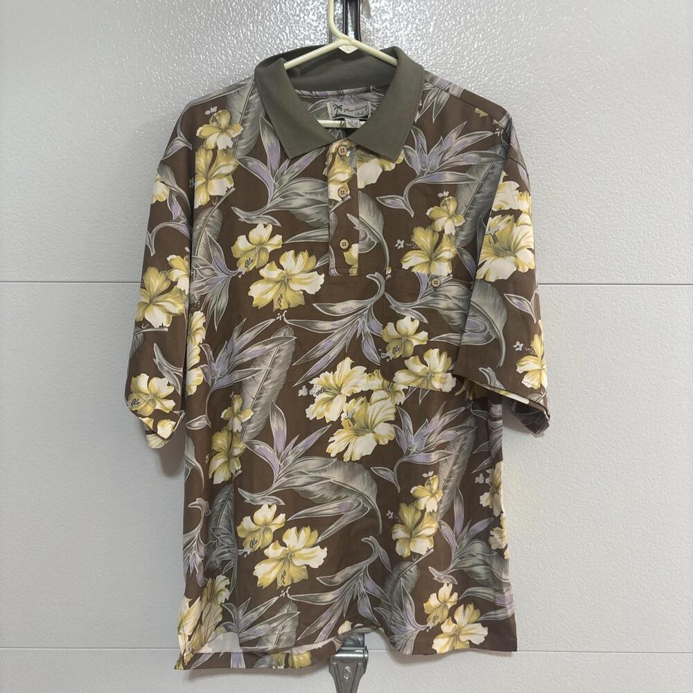 Monterey Club Shirt Mens L Brown Yellow Hawaiian Floral Palm Trees 100% Silk VTG